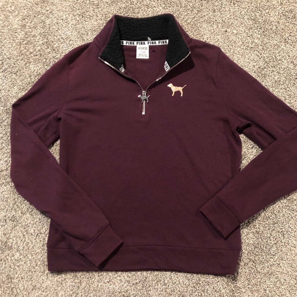 PINK by Victoria Secret maroon silver dog charm 1/4 zip pullover size sm…